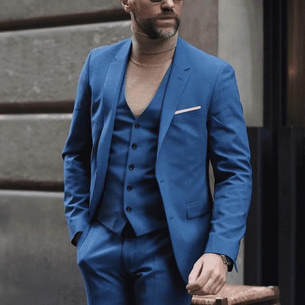 Men's Three-piece Suit Solid Color High Sense Blue - D&A
