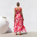 Women's Printed V-neck Large Swing Suspender Dress - D&A