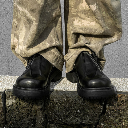 Inner Height Increasing Black Platform Warped Head Leather Shoes - D&A