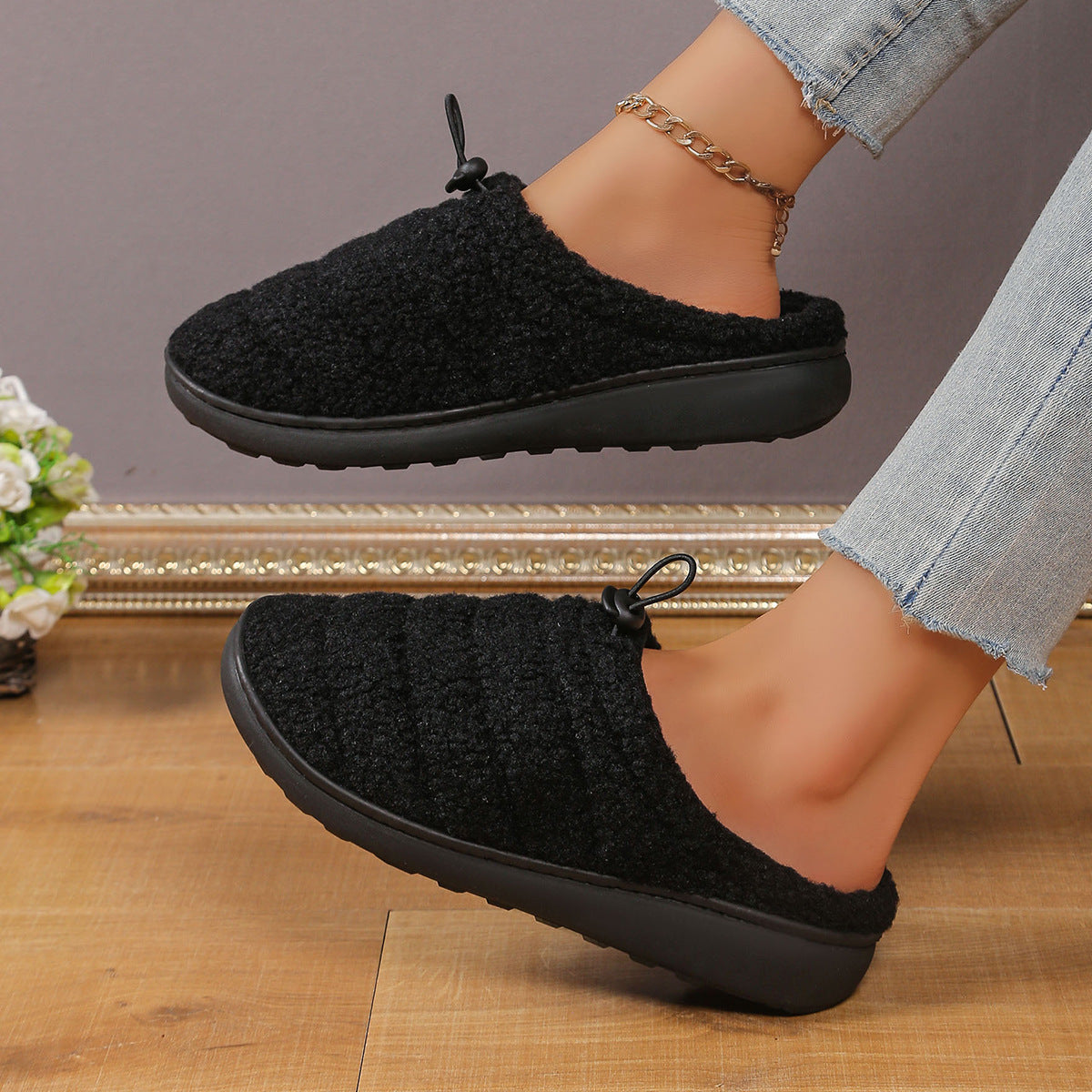 String Clip Adjustable Half Slippers Cotton Shoes Indoor And Outdoor Black - D&A
