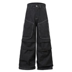 Multi-pocket Pleated Workwear Primary Color Jeans Black - D&A