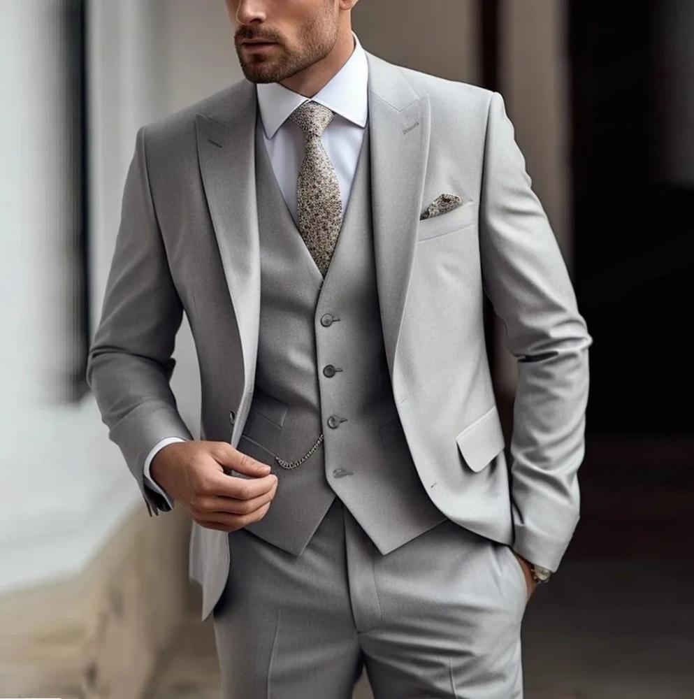 Men's Three-piece Suit Solid Color High Sense Gray - D&A