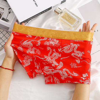 Dragon Pattern Domineering Men's Underwear Pure Cotton Comfortable Red - D&A