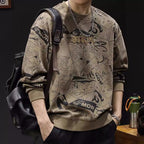 Round Neck Print Sweatshirt Long Sleeve Men's Brown - D&A