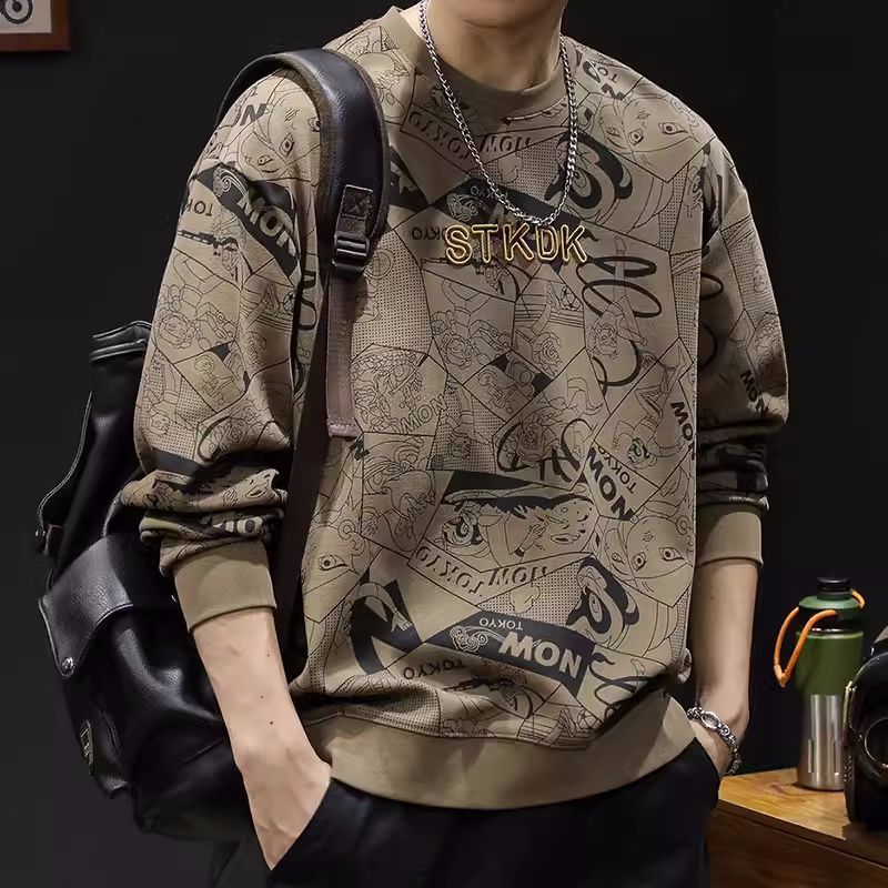 Round Neck Print Sweatshirt Long Sleeve Men's Brown - D&A