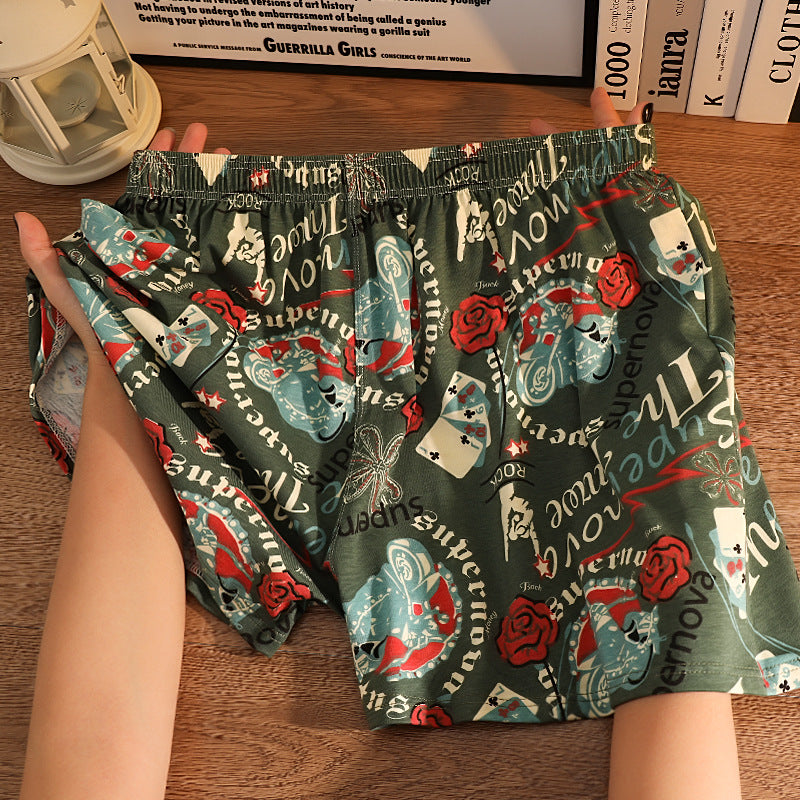 Cotton Printed Men's Home Loose Casual Print Boxer Shorts Green - D&A