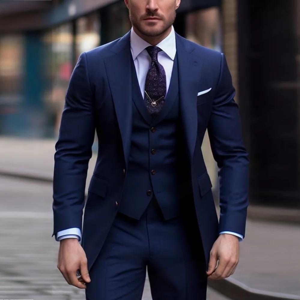 Men's Three-piece Suit Solid Color High Sense Navy Blue - D&A