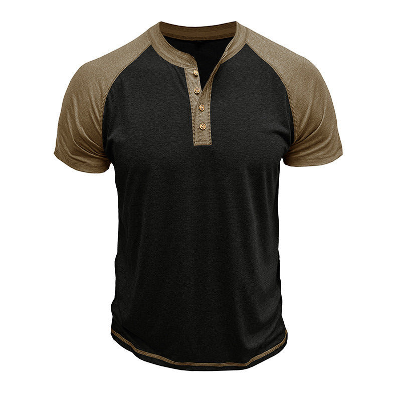 Men's Short Sleeve European And American Color Matching Top Black With Khaki - D&A