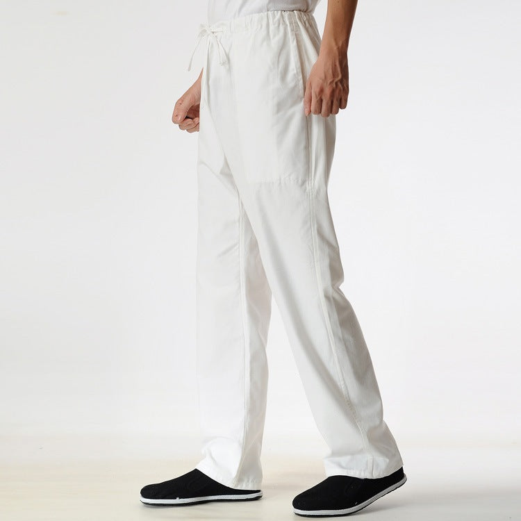 Men's Solid Color Pure Cotton Coarse Fabric Casual Pants White - D&A