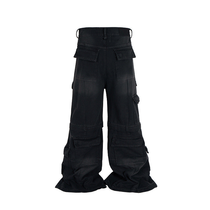 Detachable Worn Looking Washed-out Multi-pocket Detachable Two-way Wear Micro-pull Overalls - D&A
