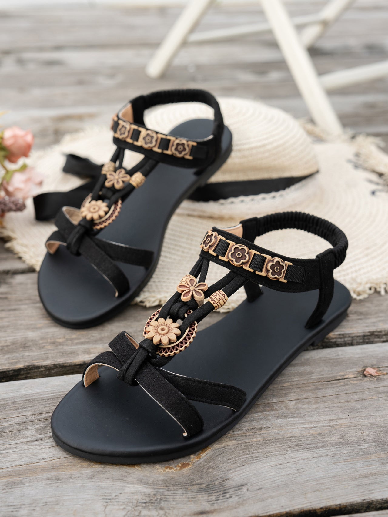 Women's Flat Plus Size Bohemian Beach Shoes Black - D&A