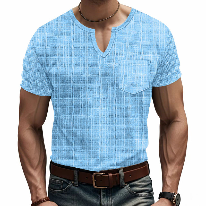 Men's Artificial Linen Bamboo Loose Casual Breathable V-neck Solid Color Short Sleeve - D&A