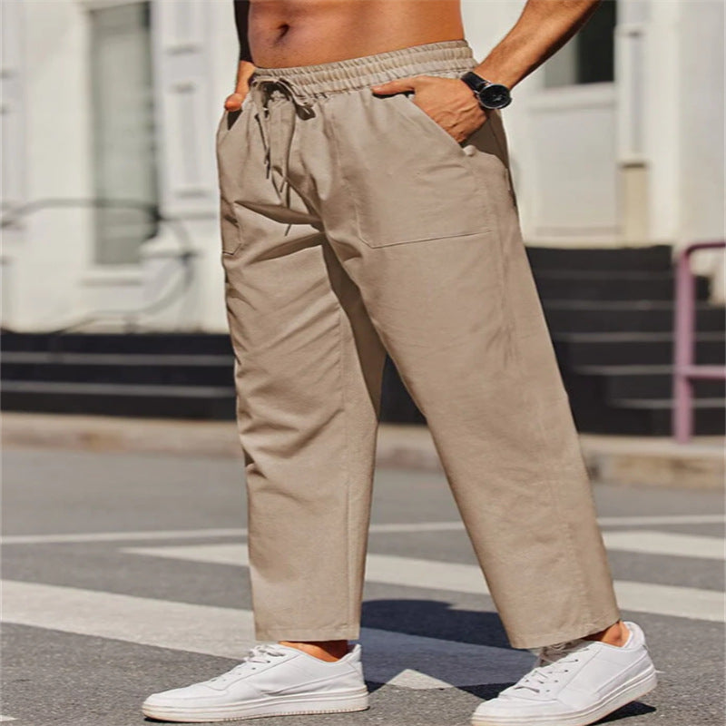 Men's Linen Solid Color Casual Elastic Waist Outdoor Daily Breathable Tube Pants Khaki - D&A