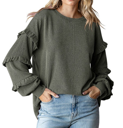 Women's Lantern Sleeve Round Neck Lace Sleeve Top Dark Green - D&A