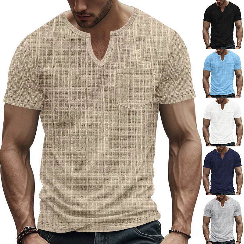 Men's Artificial Linen Bamboo Loose Casual Breathable V-neck Solid Color Short Sleeve - D&A