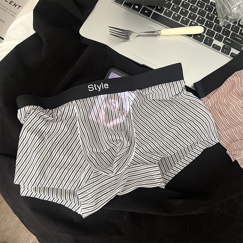 Vintage Stripe Men's Ice Silk Breathable Transparent Bottom Crotch Boxer Briefs White - D&A