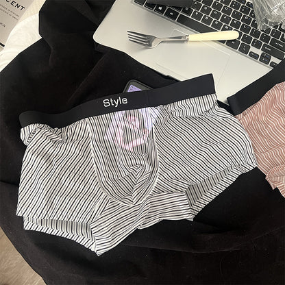 Vintage Stripe Men's Ice Silk Breathable Transparent Bottom Crotch Boxer Briefs White - D&A