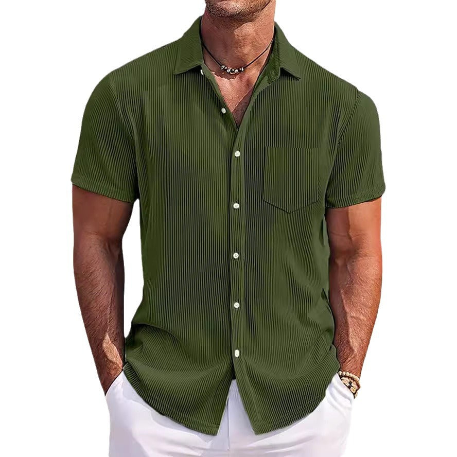 Solid Color Loose Vertical Striped Men's Short-sleeved Shirt Army Green - D&A