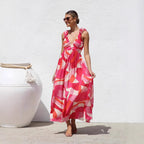 Women's Printed V-neck Large Swing Suspender Dress - D&A