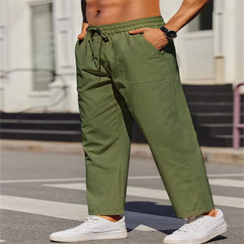 Men's Linen Solid Color Casual Elastic Waist Outdoor Daily Breathable Tube Pants Green - D&A