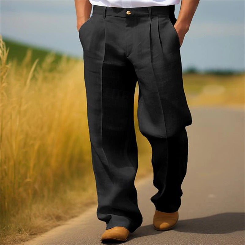 Men's Linen Solid Color Loose Straight Daily Casual Breathable Trousers Black - D&A