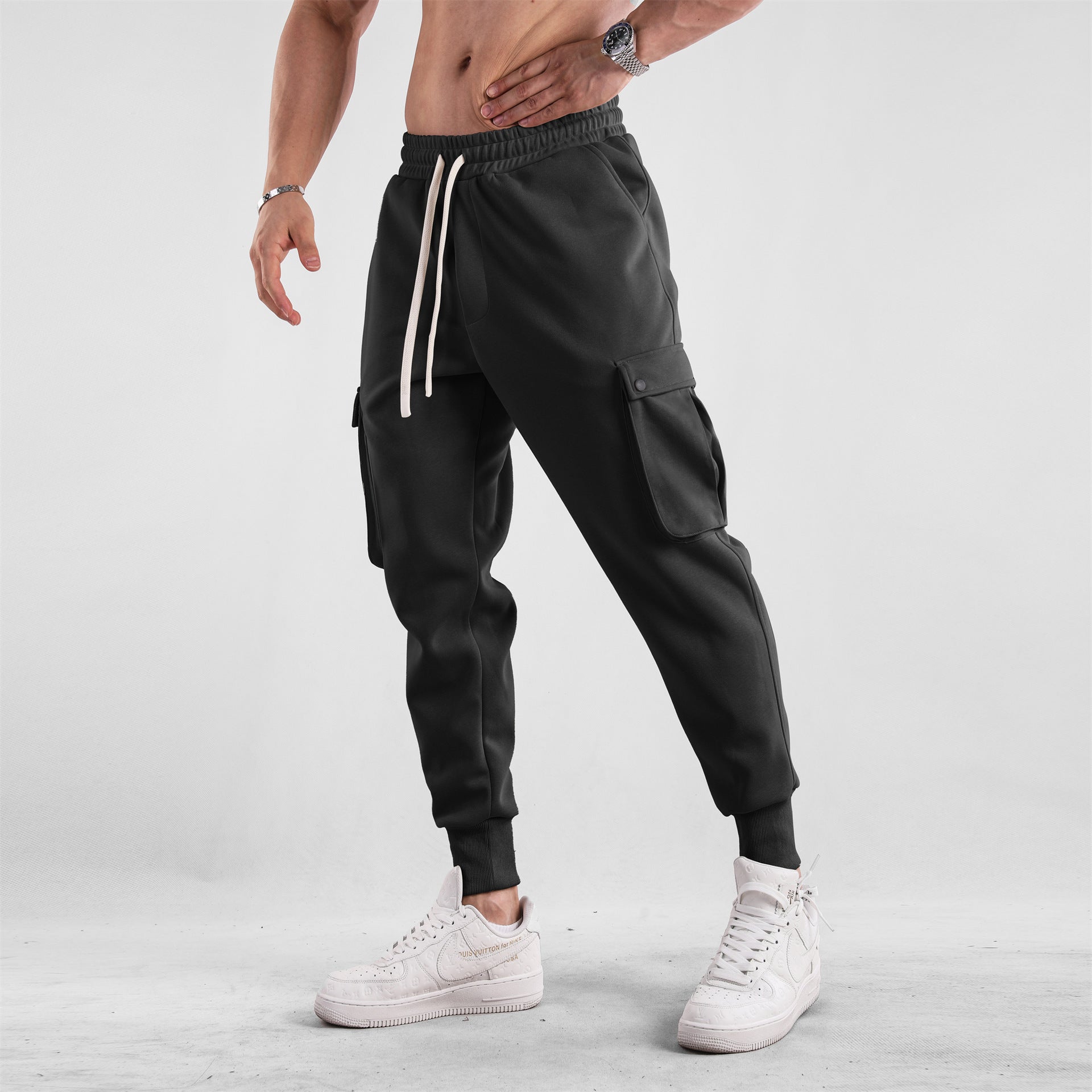 Men's Loose Close Up Ankle-tied American Sports Trousers Black - D&A