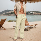 Men's Cotton And Linen Beach Trousers Drawstring Elastic Waist Straight Comfortable Breathable - D&A