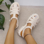 Korean Style Round Toe Ankle-strap Buckle Closed Toe Flat Hollowed - D&A