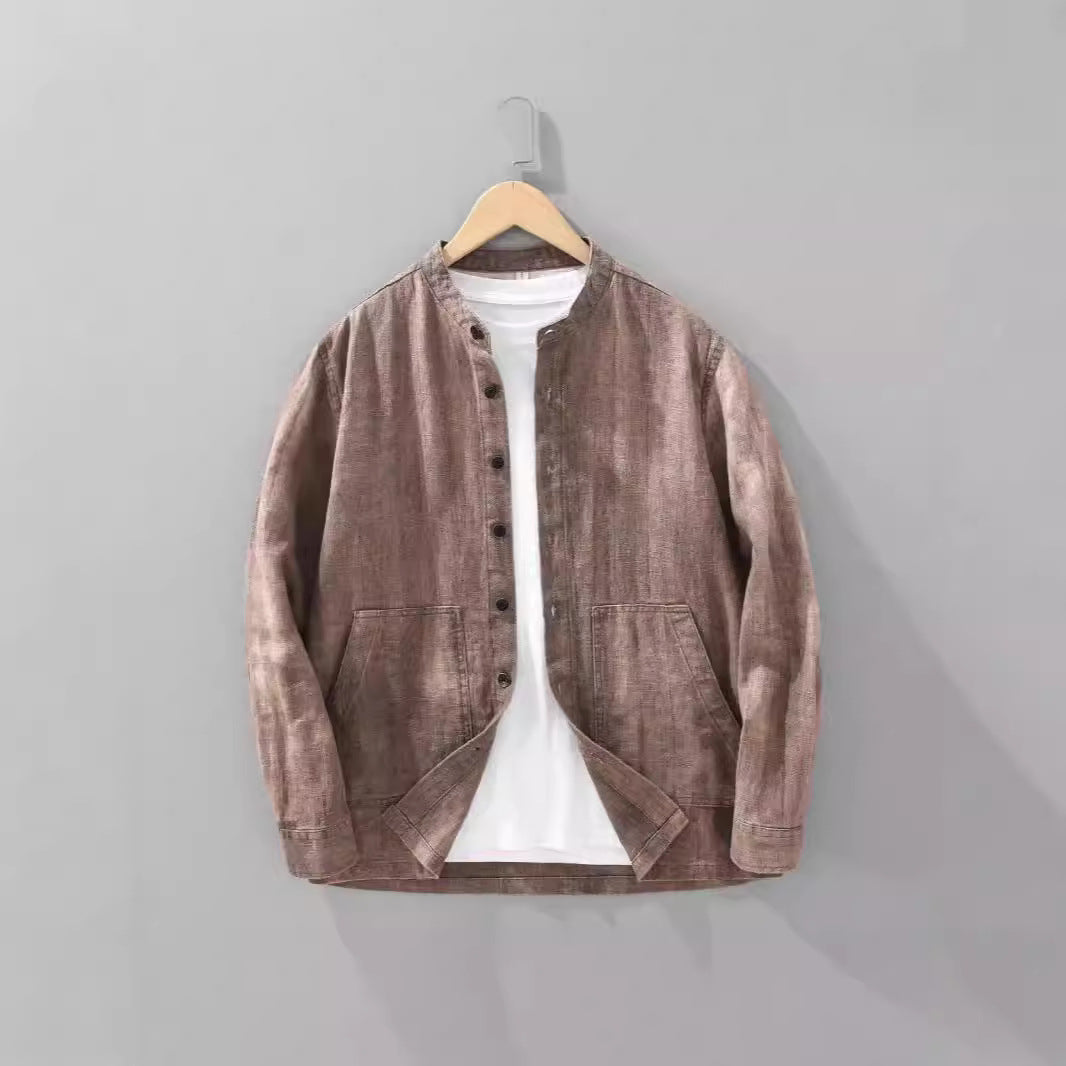 Men's Solid Color Ramie Stand Collar Retro Casual Coat Shirt - D&A
