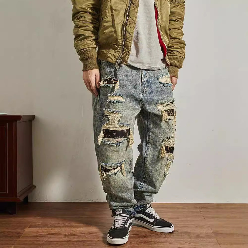 Jeans Men's Loose Straight Tapered Distressed Broken Holes Pants - D&A
