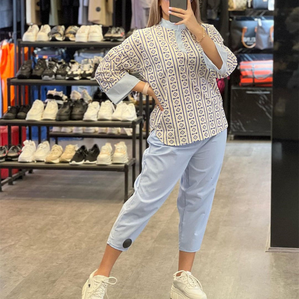 Fashion Cotton And Linen Printed Top Casual High Waist Cropped Pants Women's Suit - D&A