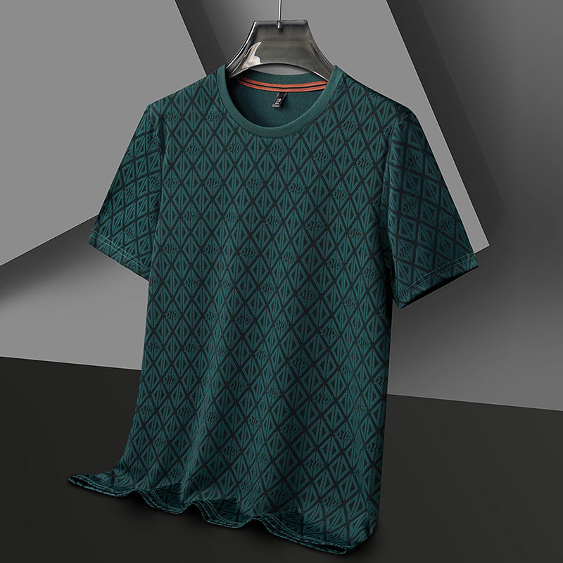 Men's Round Neck Jacquard Short Sleeve Cool Antibacterial Fashion Brand Casual Fashion Half Sleeve Dark Green - D&A