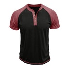 Men's Short Sleeve European And American Color Matching Top Black With Purplish Red - D&A