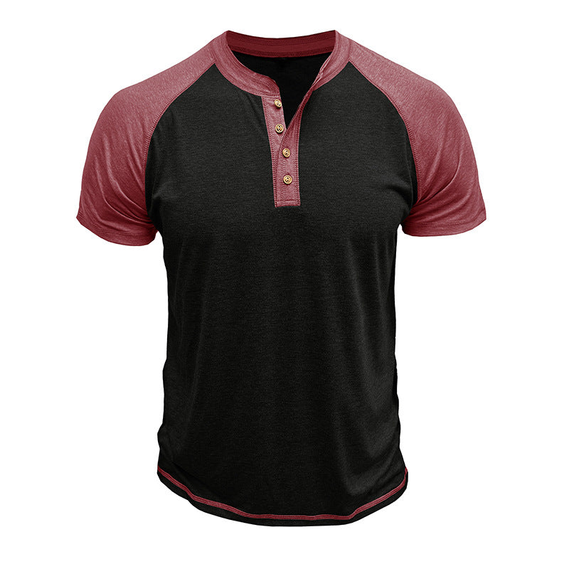 Men's Short Sleeve European And American Color Matching Top Black With Purplish Red - D&A