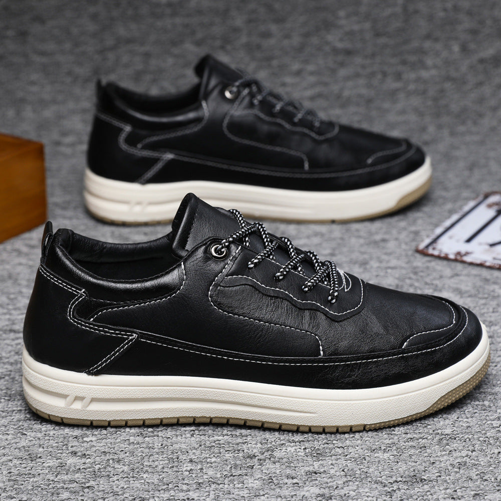 Leather Surface Men's Low-top Sneakers Warm Casual Shoes Black Cotton - D&A