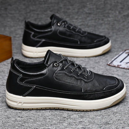 Leather Surface Men's Low-top Sneakers Warm Casual Shoes Black Cotton - D&A