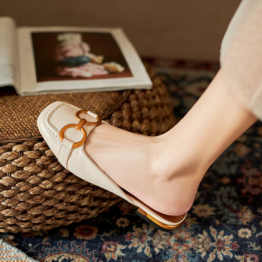 Summer Wear Fashionable Square Toe Korean Style Elegant Flat Heel Ins Slip-on Slippers - D&A
