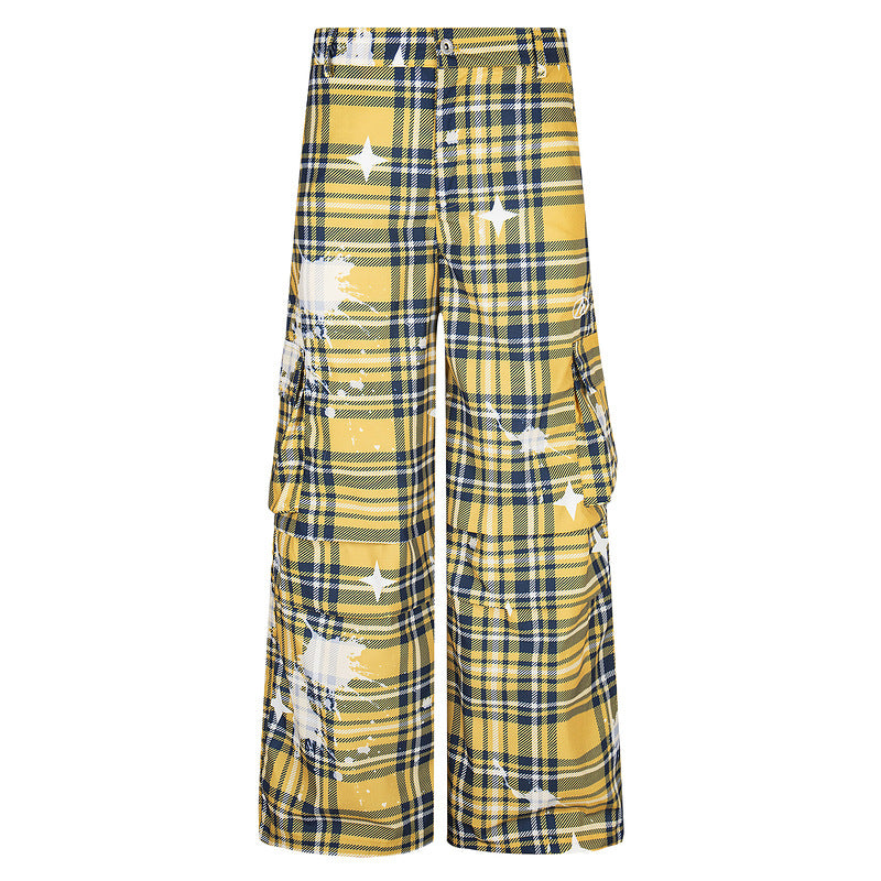 Retro Plaid Overalls Men's Loose Straight Casual Pants Yellow - D&A