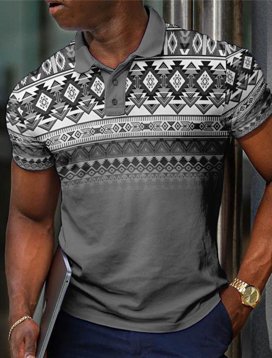 Pattern Button Short Sleeved Polo Shirt PLZHB202514174 - D&A