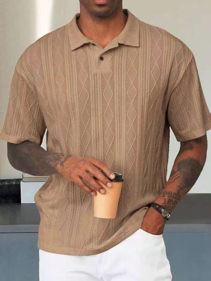 Retro Button Lapel Short Sleeve T-shirt Breathable Short Sleeve Loose Texture Knitted Khaki - D&A