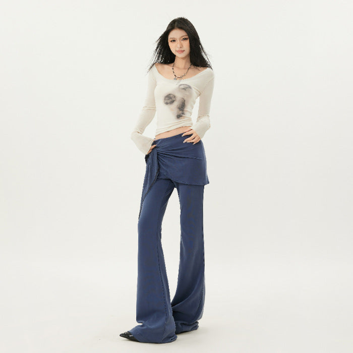 Casual Low Waist Slim Fit Bell-bottom Pants Sky Blue Lengthened - D&A
