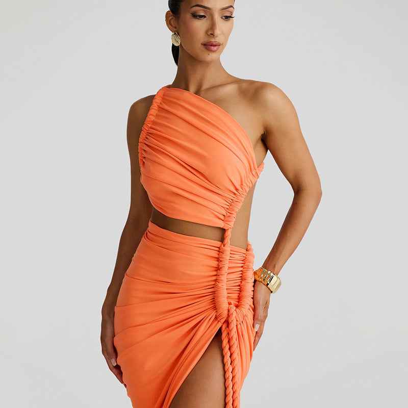 Fashion One Shoulder Tube Top Backless Hollow Tether Ruched Dress