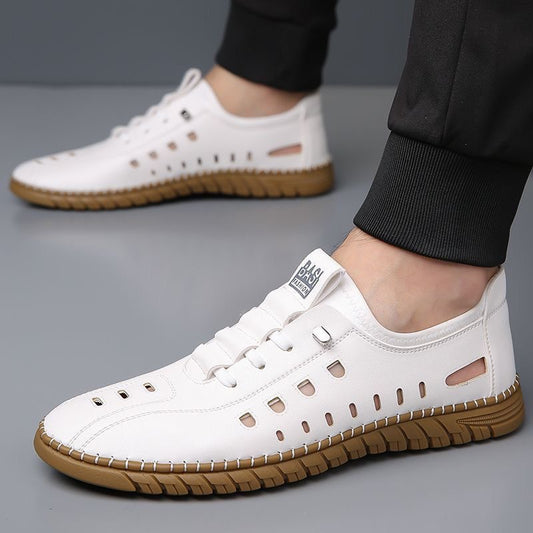 Hollow Breathable White Shoes Hole Shoes Soft Bottom Men Slip-on Leather Sandals - D&A