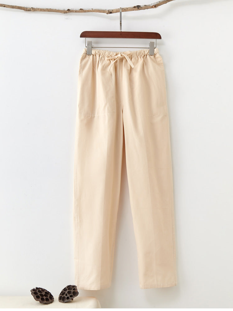 Men's Solid Color Pure Cotton Coarse Fabric Casual Pants Beige - D&A