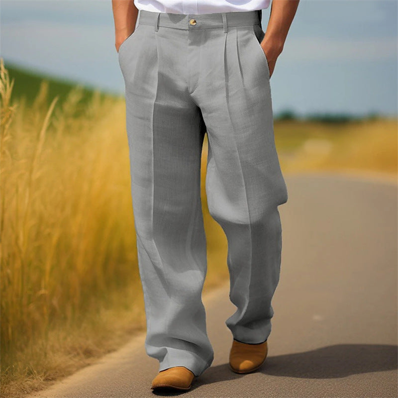 Men's Linen Solid Color Loose Straight Daily Casual Breathable Trousers Light Gray - D&A