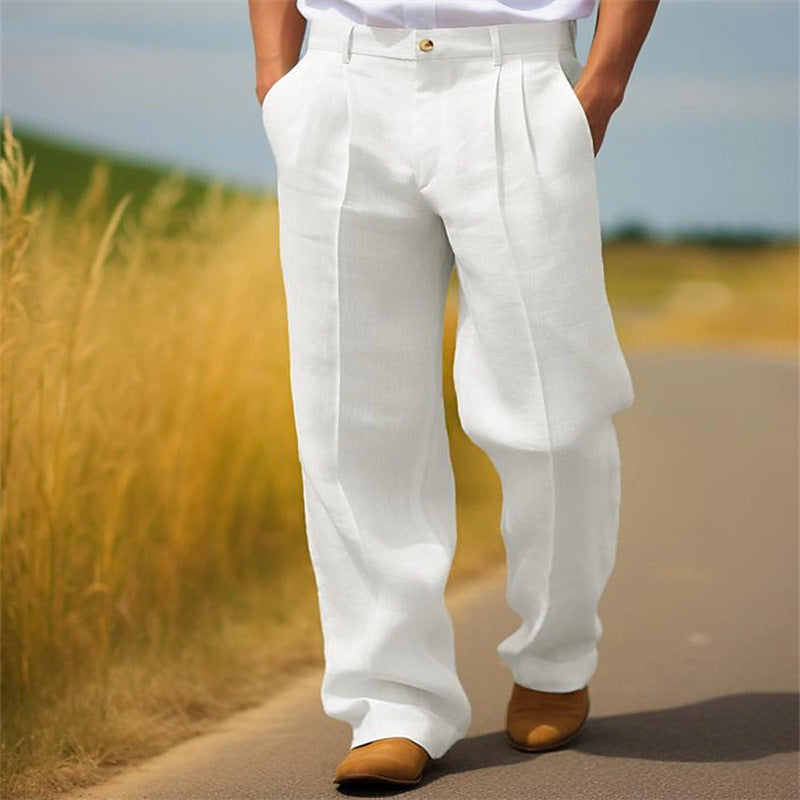 Men's Linen Solid Color Loose Straight Daily Casual Breathable Trousers White - D&A