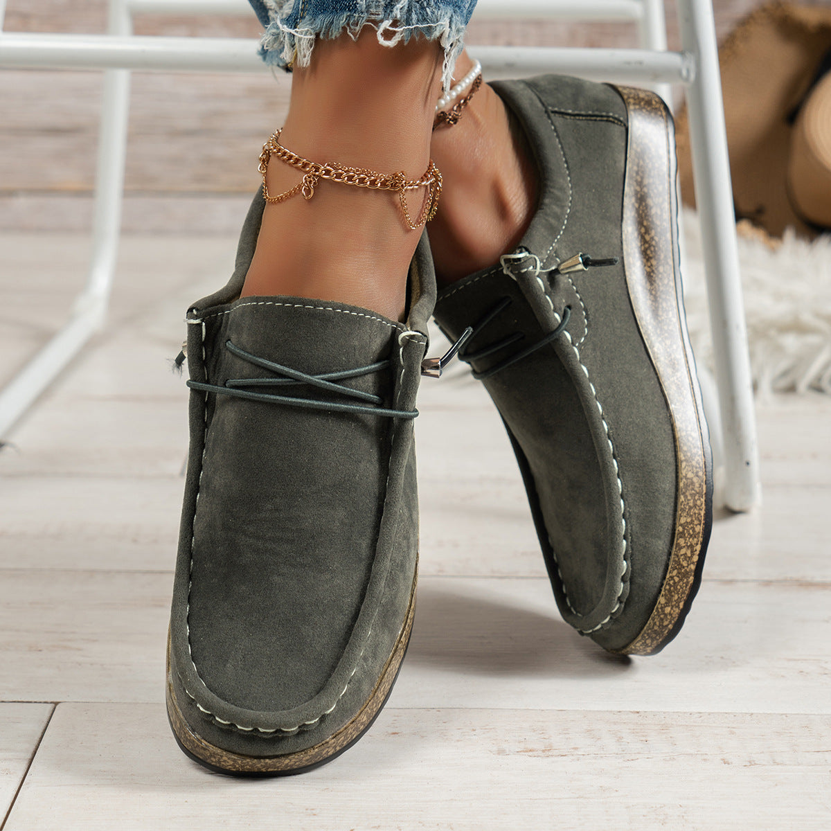 Plus Size Women's Shoes Flat Elastic Band Slip-on Casual Shoes Gray - D&A
