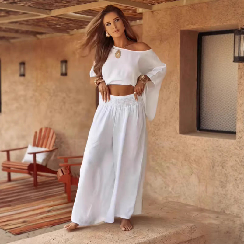 Solid Color Loose Round Neck Off-the-shoulder Women's Summer Suit - D&A