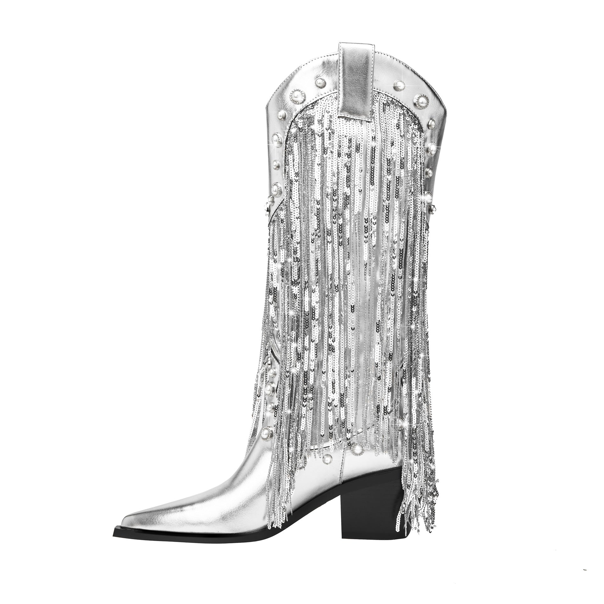 Sequin Tassel Pointed Sleeve High Leg Boot - D&A