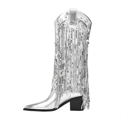 Sequin Tassel Pointed Sleeve High Leg Boot - D&A